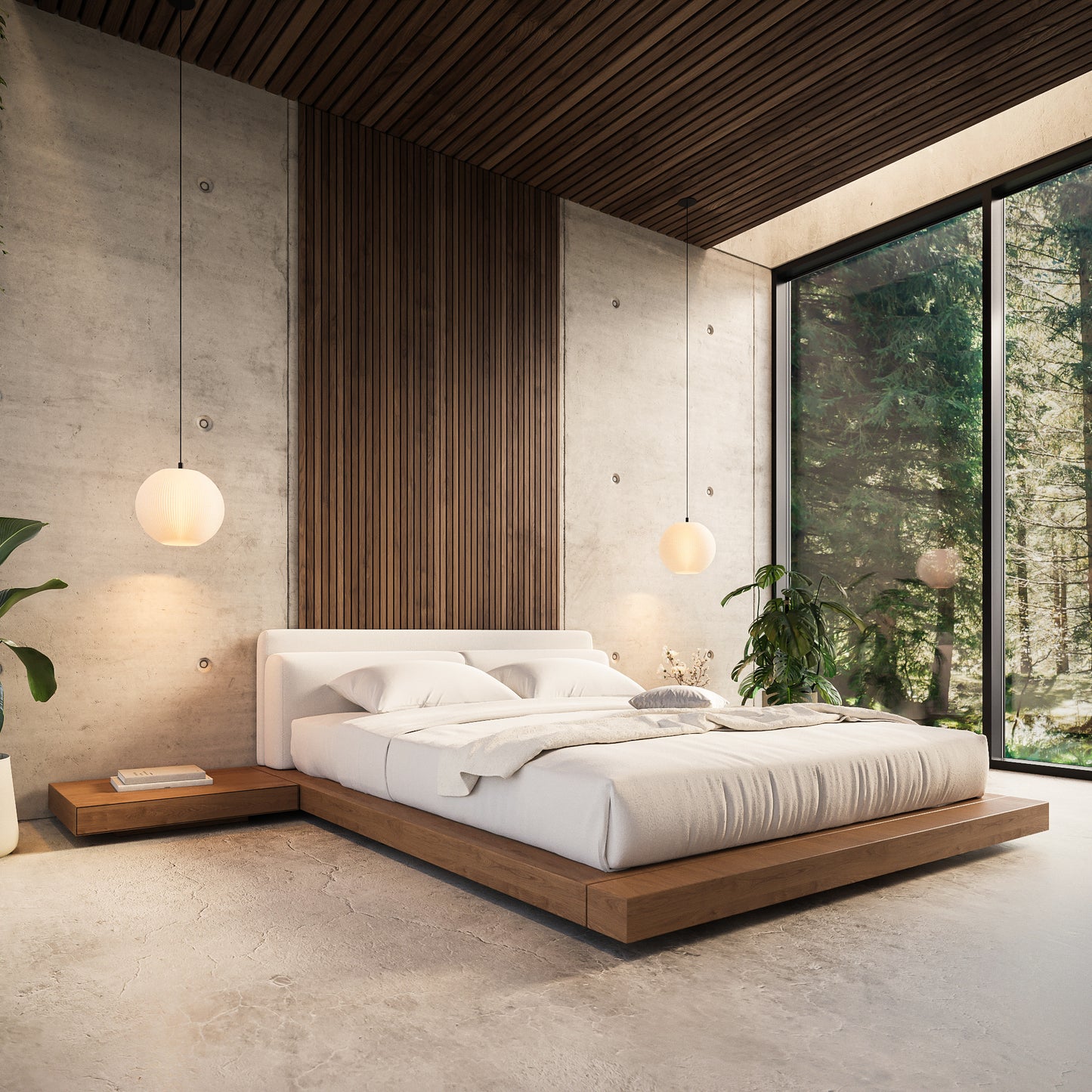 Zwei Antares Lampen hängen im Bali style Schlafzimmer neben dem Bett, moderne Einrichtung