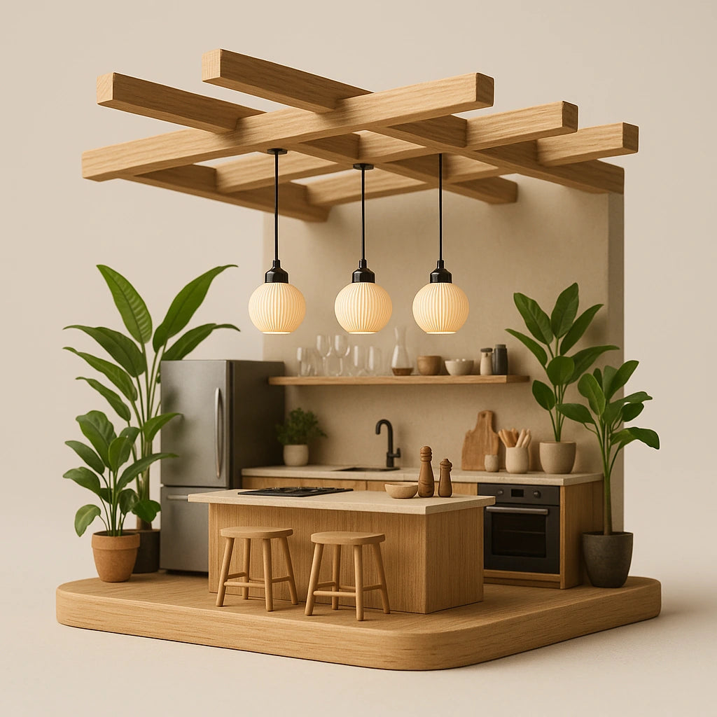 Minimalistische Küche mit Designer Lampen Antares, Hängelampen über dem Tresen.