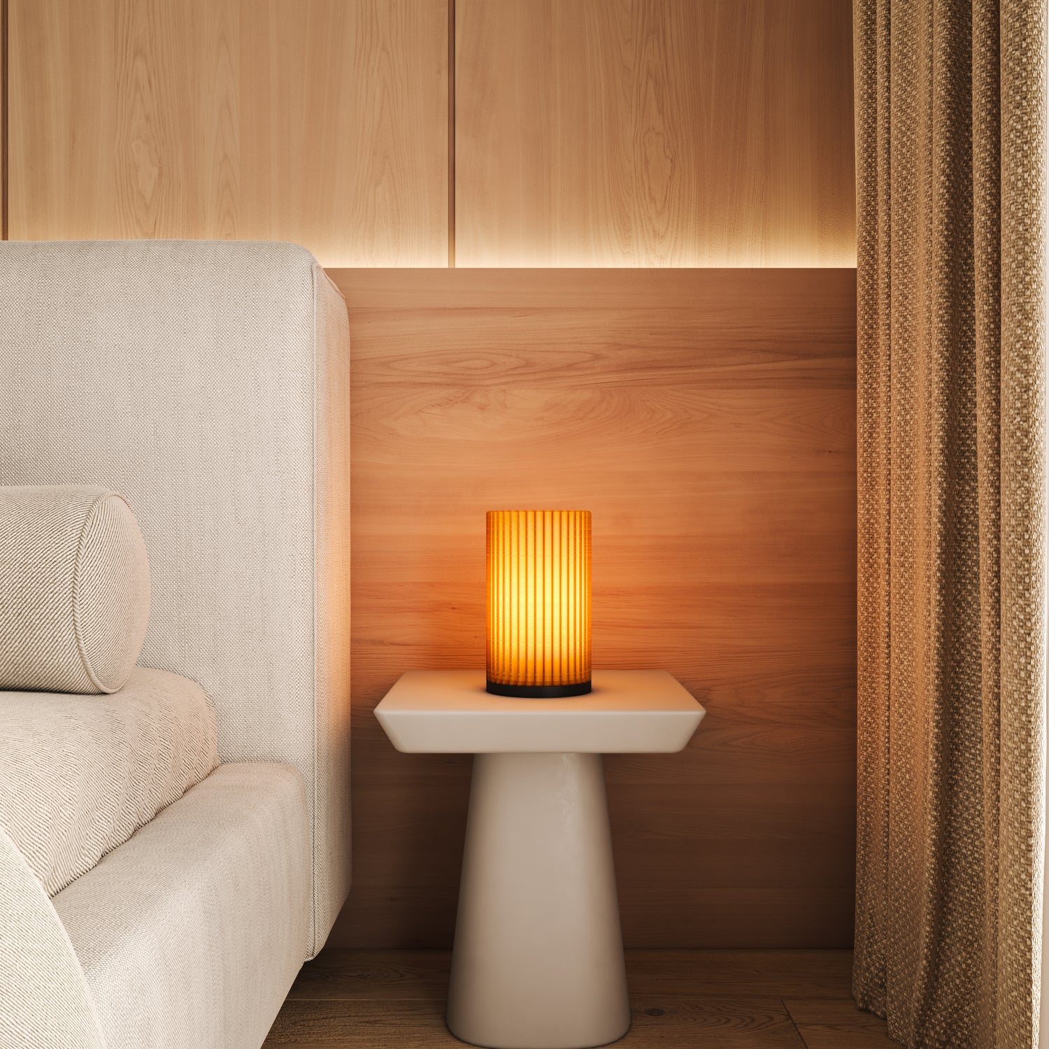 Imperia Sunset Edition Tischlampe – moderne Designerleuchte, warmes Licht, Sonnenuntergangslicht, minimalistisches geriffeltes Design in Beige, ideal für Schlafzimmer und Wohnzimmer, Nachttisch