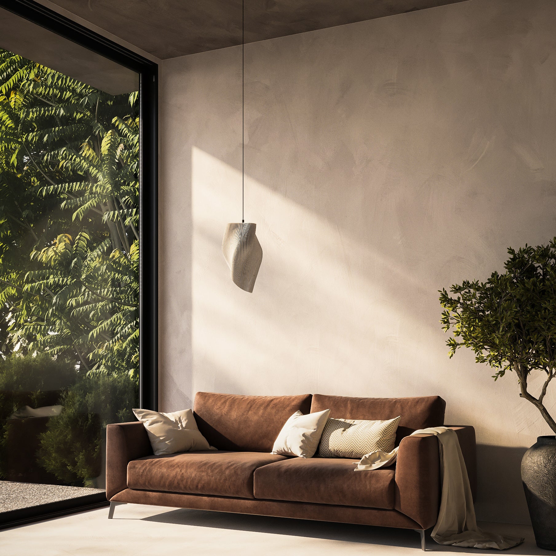 Helios Hängelampe in stilvollem Wohnzimmer mit Naturblick