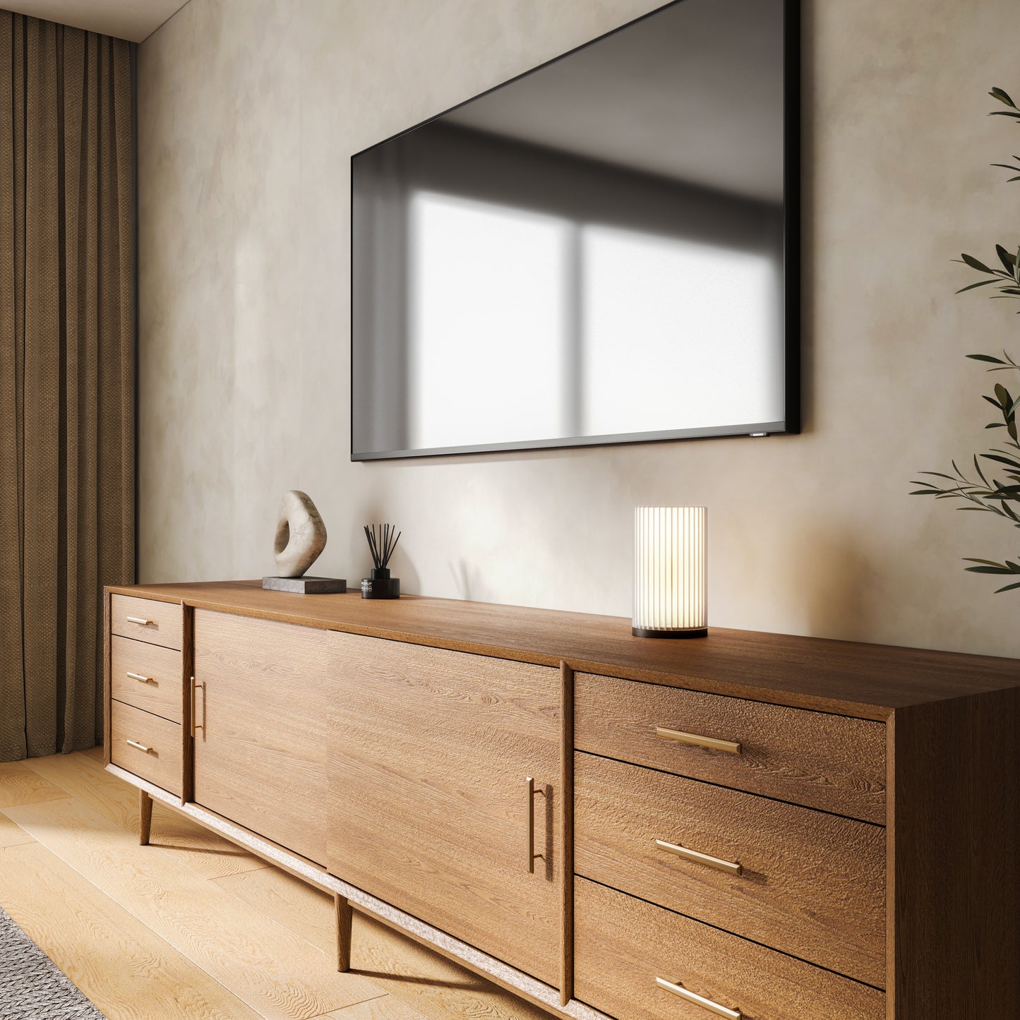 Moderne Wohnzimmer-Deko mit weißer Imperia Tischlampe auf TV-Lowboard