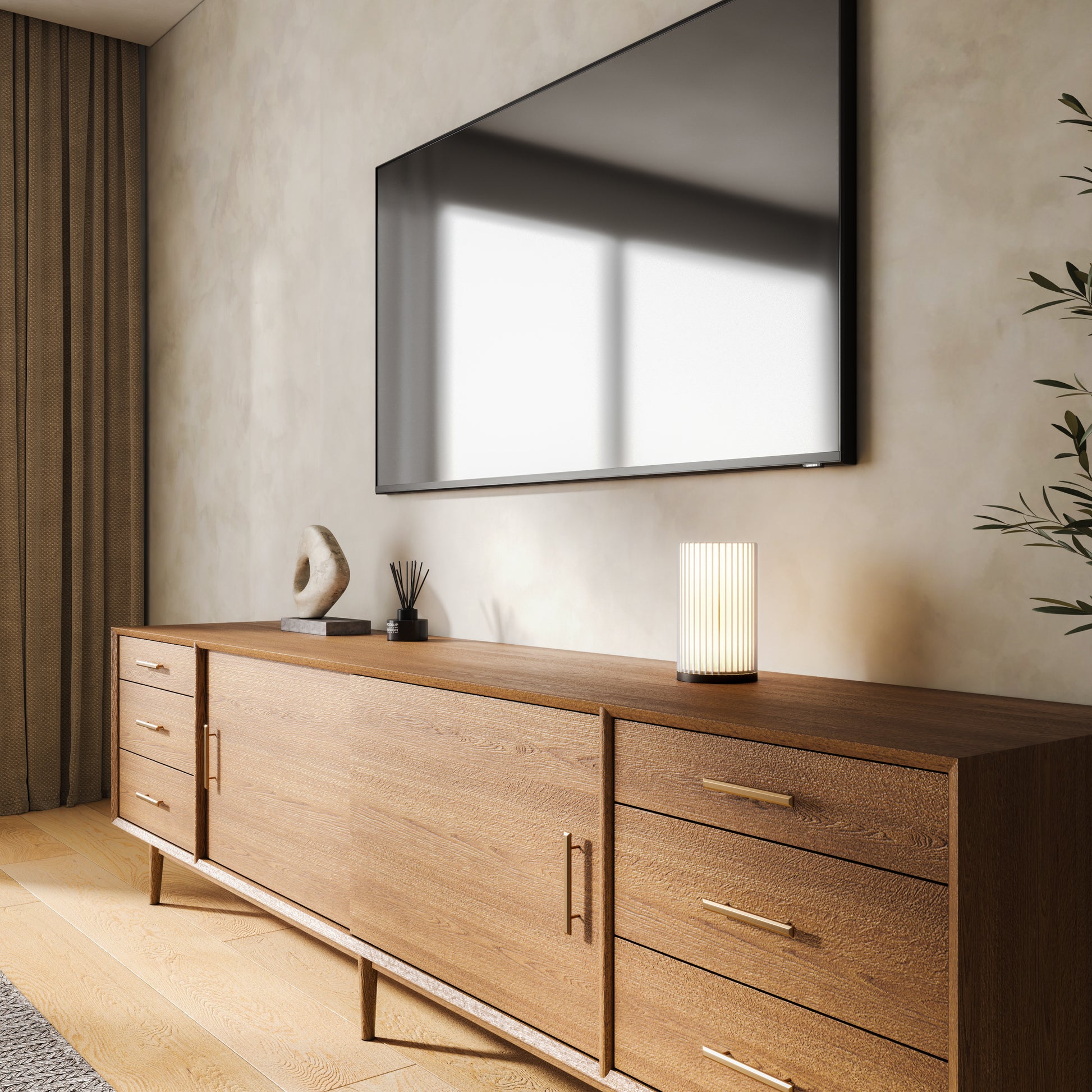 Moderne Wohnzimmer-Deko mit weißer Imperia Tischlampe auf TV-Lowboard