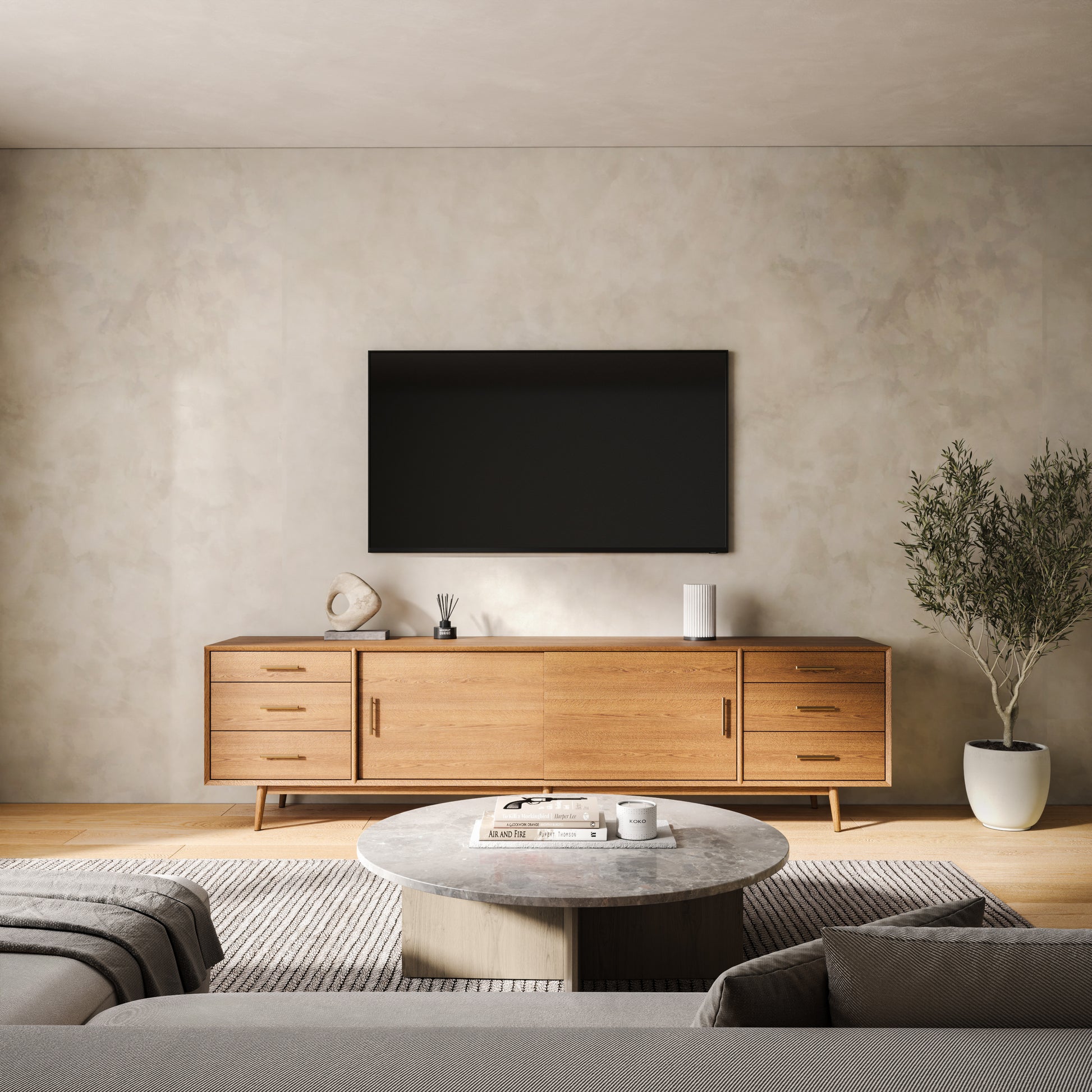 Elegante weiße Imperia Tischlampe im modernen, minimalistischem Wohnzimmer auf TV-Lowboard