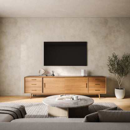 Elegante weiße Imperia Tischlampe im modernen, minimalistischem Wohnzimmer auf TV-Lowboard
