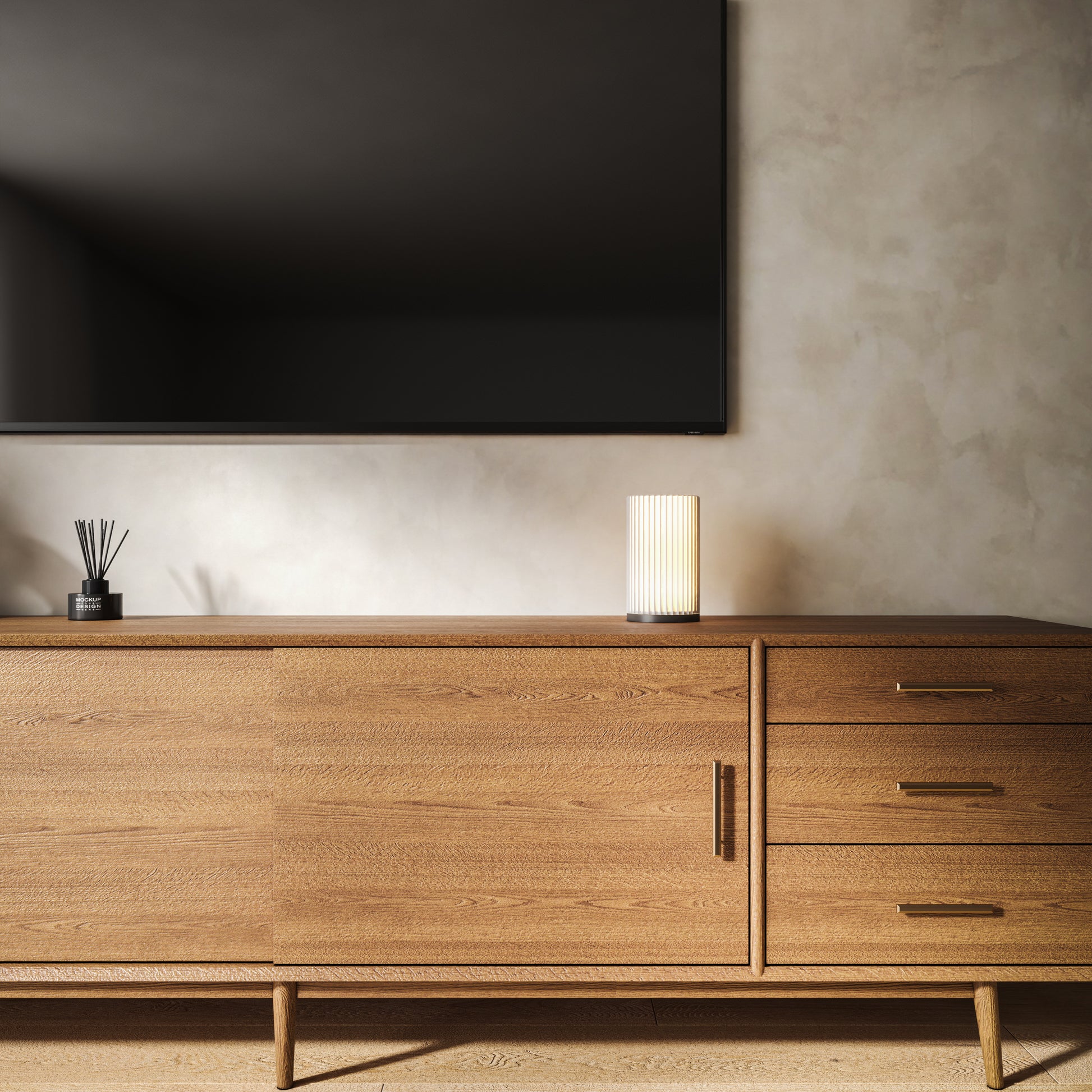 Imperia weiße Tischlampe auf TV-Lowboard in modernem Wohnzimmer, produziert warmes Licht