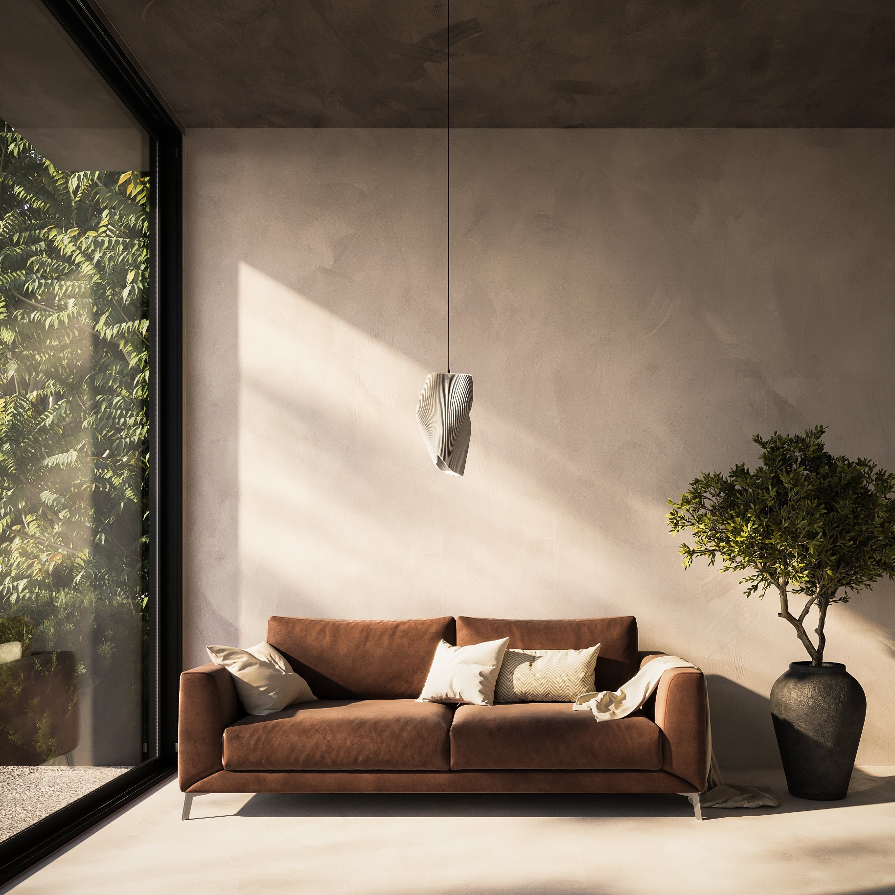 Stilvolles, reduziertes Interieur mit weißer Helios Hängelampe