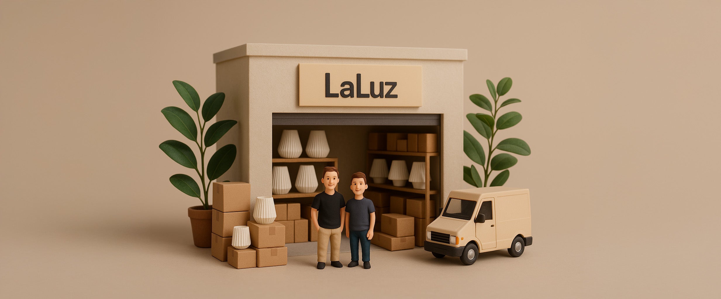 LaLuz Design Lager mit nachhaltigen Designerlampen. Zwei Gründer vor einem stilvollen Lager mit minimalistischen Lampen, verpackt für nachhaltigen Versand. Ästhetisches, umweltfreundliches Design.